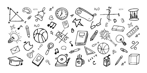 Print
Set black Doodle Modern Student icons on white background. Seamless pattern Back to School. Hand drawn vector illustration, book, clock, cube, light bulb, basketball, book, pen, notes, brush. 