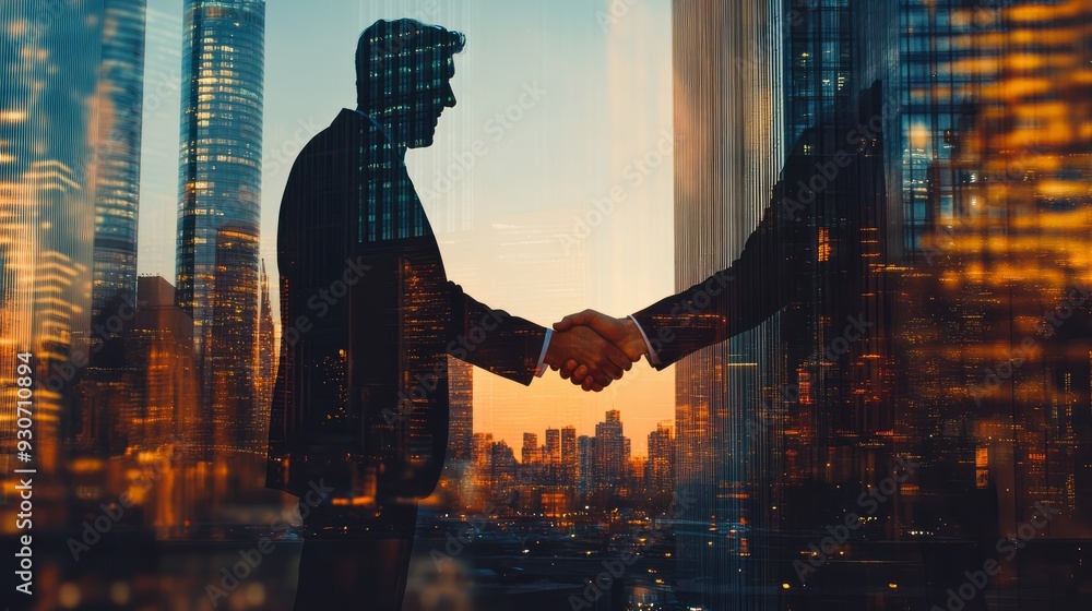 Wall mural double exposure image of business people handshake on city office building in background showing par