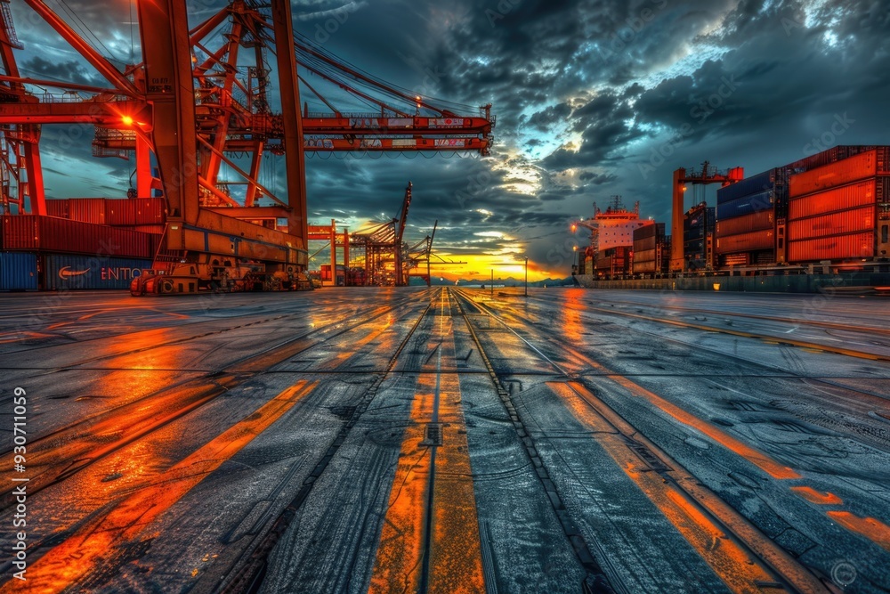 Poster a large cargo ship with containers and mast sailing in the distance as the sun sets