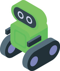 Green robot with caterpillar wheels is moving forward, isolated on white background