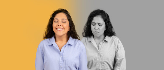 A woman displays two distinct emotional states, one joyful with a smiling expression, while the...