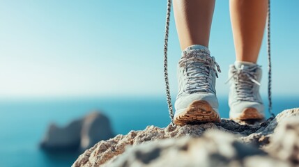 A photograph showcasing a hiker's shoes standing at the edge of a cliff, with blue ocean waters and rocky formations in the background, portraying adventure and nature's beauty.