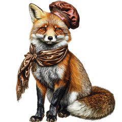 Obraz premium A fox with a silk scarf and beret, isolated, cut out.