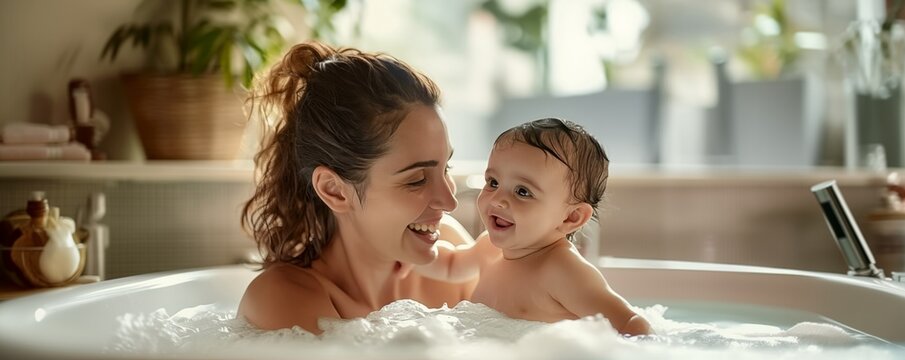 Mother and baby daughter enjoy bath time in tub together smiling in cozy bathroom, natural light, hygiene for children banner