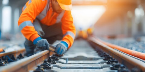 Engineer under inspection and checking the construction process of the railway switch and check the work on the railroad station.Engineer wearing safety uniform and safety helmet