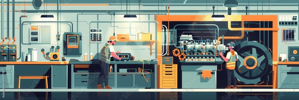 Poster a mechanic performs a computer diagnostic test on a vehicle's engine, troubleshooting and addressing