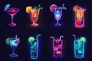 A collection of neon-colored drinks and cocktails on a dark background