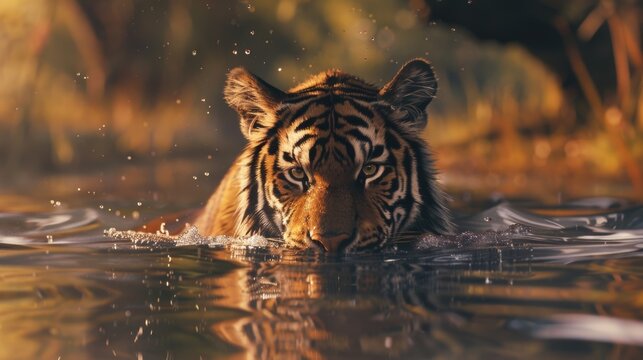 Wildlife scene featuring a tiger swimming in a natural body of water