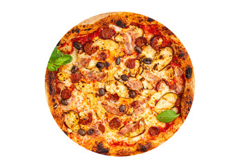 pizza chicken meat and olives, sausages, cheese, tomato sauce fresh meal food snack on the table copy space food background rustic top view