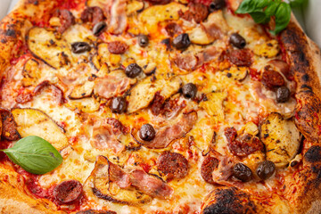 pizza chicken meat and olives, sausages, cheese, tomato sauce fresh meal food snack on the table copy space food background rustic top view