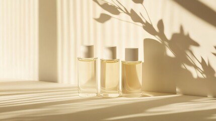 Three elegant perfume bottles with soft shadows and warm light.