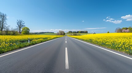 Fototapeta premium A scenic road flanked by vibrant yellow flowers under a clear blue sky.