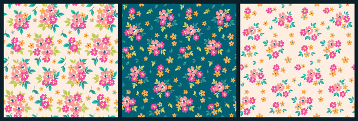 Seamless floral pattern, liberty ditsy print, abstract ornament in colorful summer style. Cute botanical design: small hand drawn daisy flowers, tiny leaves, mini simple bouquets. Vector illustration. © Yulya i Kot