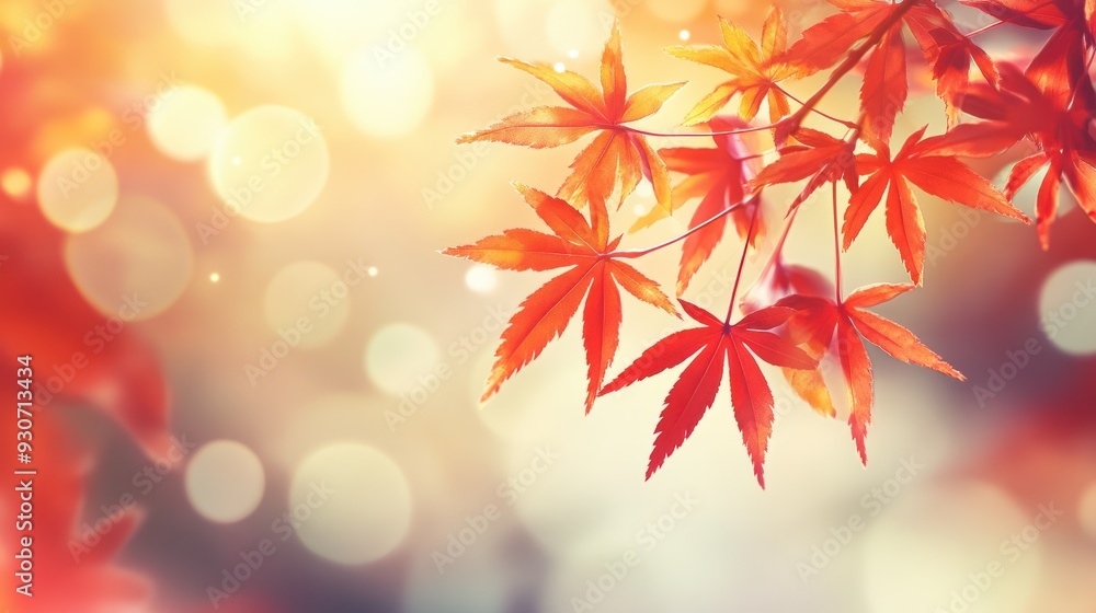 Poster web banner design for autumn season and end year activity with red and yellow maple leaves with soft