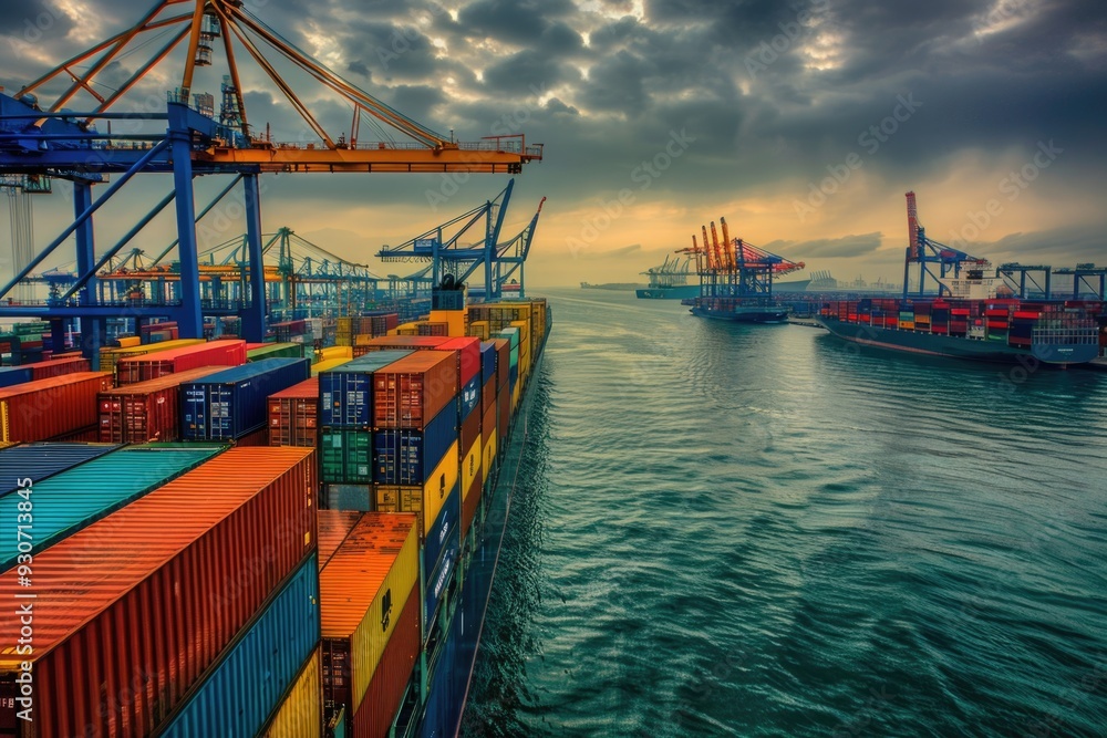 Poster a large container ship sailing through calm waters