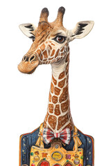 A giraffe in a carnival game operator uniform with a bow tie, isolated, cut out.