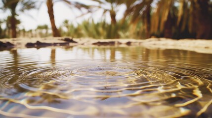 Tranquil close-up of water ripples in a shimmering pond under the scorching desert sun, framed by lush palm trees in an oasis setting
