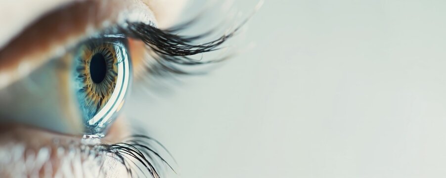 Closeup of  Woman Blue Eye with Long, Elegant Black Eyelashes on White Background, Perfect for Makeup and Beauty Advertisement.