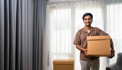 A man is smiling while carrying a brown box; moving day for a happy young man moving into the new house