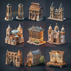 Obraz premium Collection of Historic Buildings in Isometric Design 
