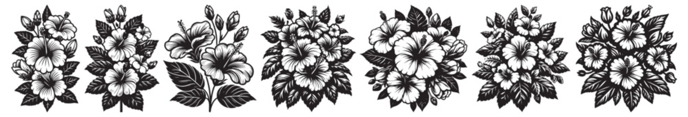 Hibiscus vector art, Hibiscus silhouette, Hibiscus illustration, Hibiscus black and white vector, black and white flower, Hibiscus flower silhouette, 