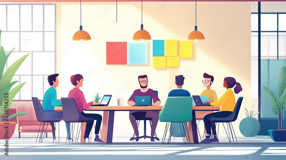 Poster a team meeting in a bright, modern office, focusing on workflow optimization and efficient task dele