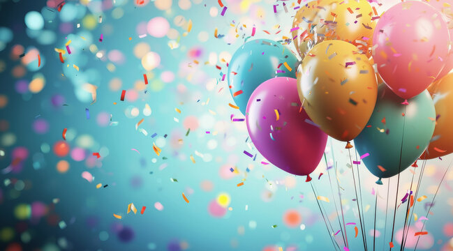 Conjunto de globos en diferentes colores rodeados de confetis, sobre fondo azul 