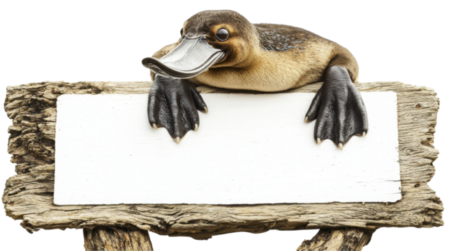 A platypus resting on a blank wooden sign, with its webbed feet and bill clearly visible, isolated, cut out.