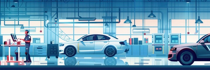 A mechanic is conducting a computer diagnostic test while working on engine repairs in a well-equipped auto shop. Generative AI
