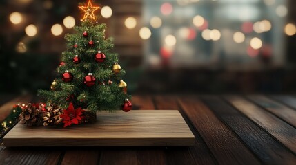 A wooden board with a decorated Christmas tree; Christmas decoration;