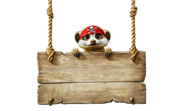 A cheerful meerkat wearing a red pirate bandana, peeking over an empty hanging wooden signboard with ropes, isolated, cut out.