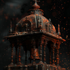 Gothic bell tower with intricate designs illuminated in dramatic lighting
