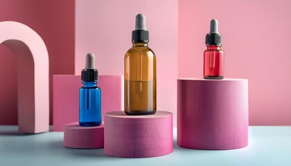 vibrant display of multicolored dropper bottles, each uniquely designed, is artistically arranged on various podiums of differing heights, all set against a smooth pink background with subtle shadows 