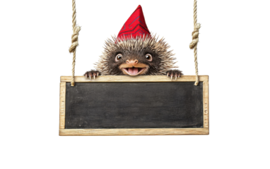 A smiling porcupine wearing a red fez hat, peeking over a school long blackboard hanging from a rope, isolated, cut out.
