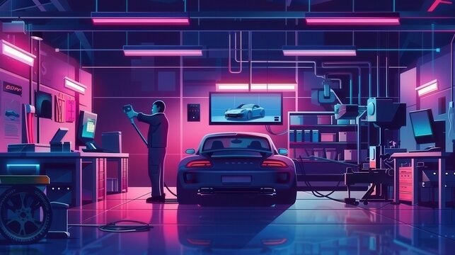 A mechanic is working on engine repair and performing a computer diagnosis in a high-tech auto workshop filled with tools and equipment. Generative AI