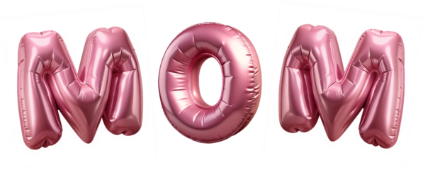 Happy Mother's Day balloons, Mom Text Metallic rose gold foil balloons. 3D Illustration Pink Helium balloons. Cutout PNG file