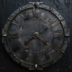 Obraz premium Aged metallic clock face with worn Roman numerals 