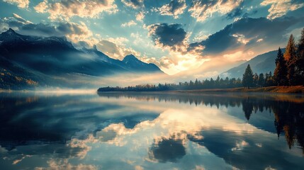 Beautiful lake surrounded by lush forest. The serene scene captures the reflective water and the vibrant greenery of the surrounding trees, creating a tranquil and picturesque natural setting