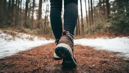 Woman Walking on Forest Trail in Snow

Description: Close-up of a woman's feet in teal sneakers walking on a forest trail surrounded by greenery.