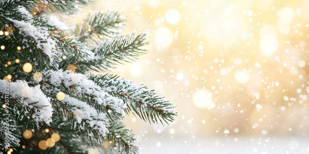Poster snow-covered spruce branch on a blurred bokeh background