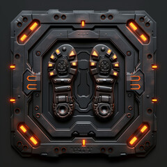 Fototapeta premium Futuristic Footprint Panel with Orange LED Highlights on Dark Background 