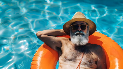 Relaxing Senior Man Pool Orange Float Sunglasses Sun Hat Water Bliss