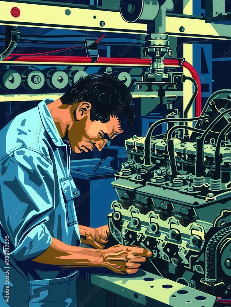 Aufkleber A mechanic is performing computer diagnostics and working diligently on an engine repair in a busy automotive workshop. Generative AI
