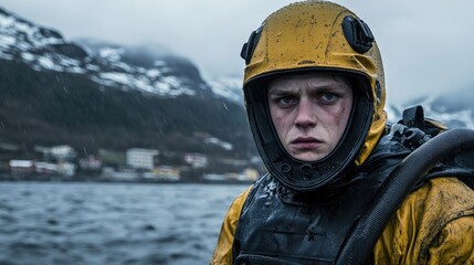 Coast Guard Diver Emerging from Water in Stunning Portrait Shot