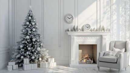 Fototapeta premium Classic white christmas interior with new year tree decorated. Fireplace with grey chair, clocks on the wall and presents under the tree.