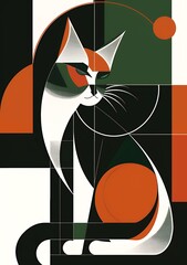 A stylized illustration of a cat with geometric shapes and vibrant colors.