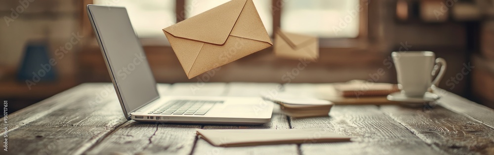 Poster letters soar between laptops, signifying communication in a dynamic environment