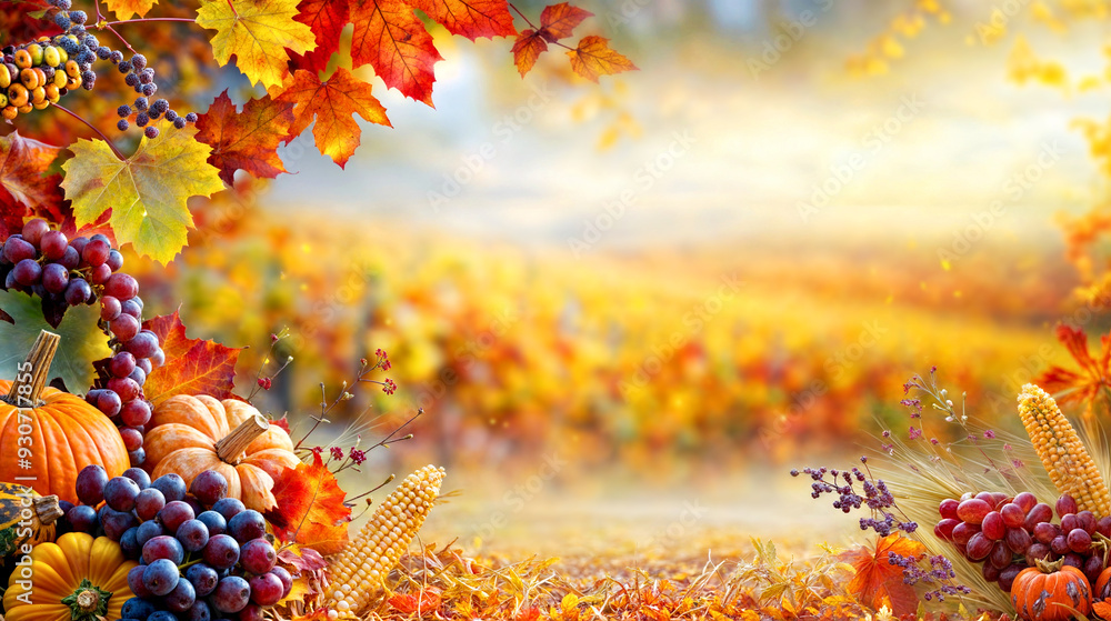 Poster Autumn Harvest with Pumpkins, Grapes, and Vibrant Foliage in a Sunny Meadow. Autumn decorations