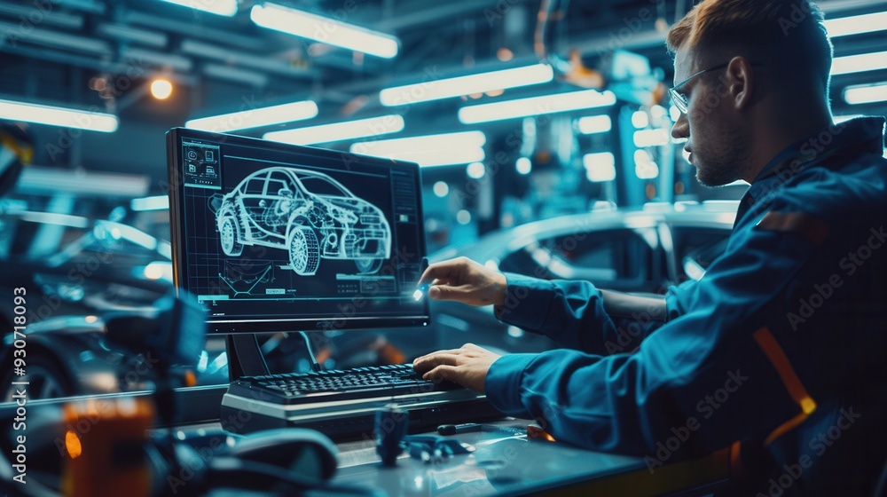 Aufkleber A mechanic is conducting a computer diagnostic on a car while working on engine repairs in an auto shop filled with vehicles. Generative AI