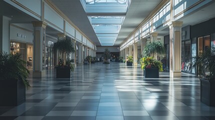 Vibrant Wide-Angle Shot of a Modern Shopping Mall Interior with People Walking by Shops